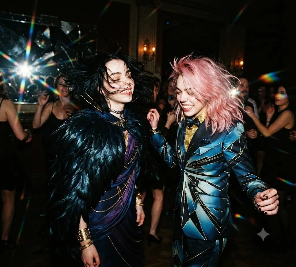 A candid flash photo on the Gala dance floor: one dancer whirls in a feathered navy gown, the other laughs in a shattered-glass blue suit and pink hair, rainbow light streaks flaring from the disco ball.