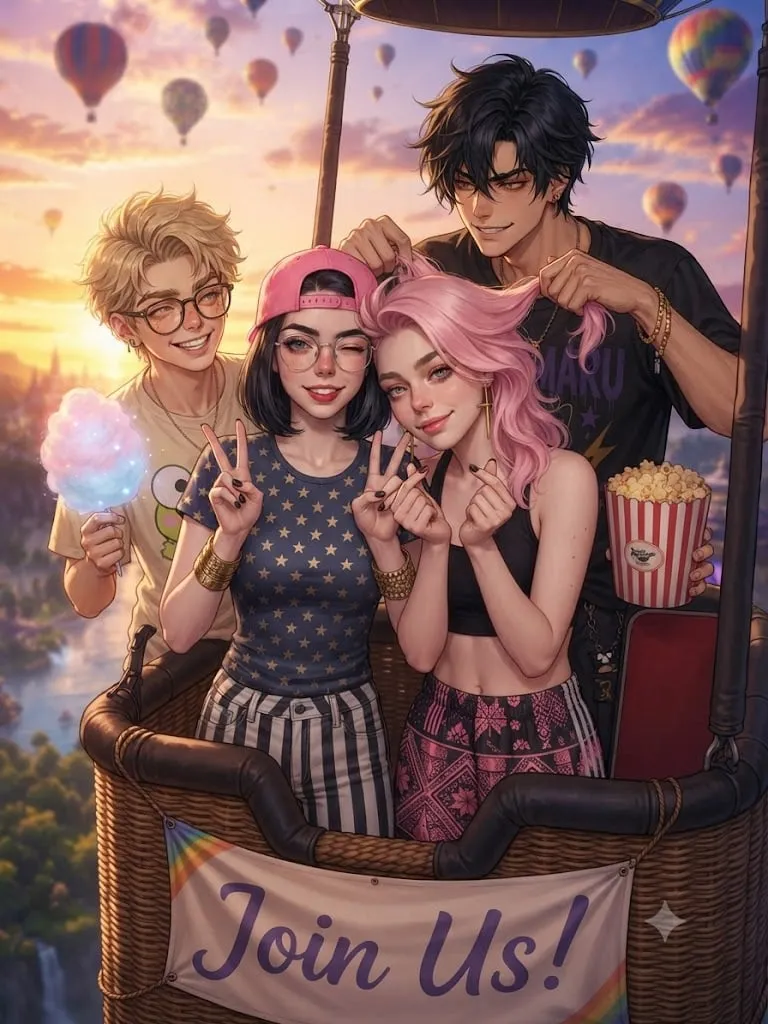 Four friends crowd a hot-air balloon basket at sunrise — cotton candy, popcorn, peace signs and playful hair-lifting — above a "Join Us!" rainbow banner, with dozens of balloons drifting behind them.