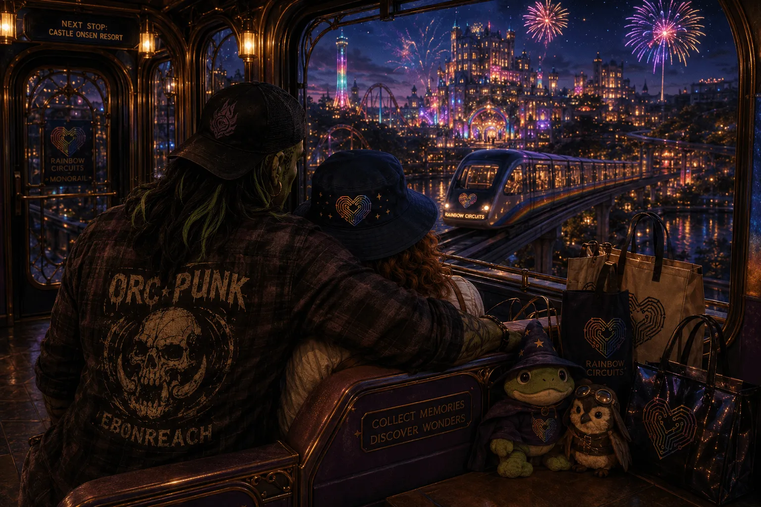 Night monorail ride to the Castle Onsen Resort: an orc in an Orc Punk flannel sits with an arm around their partner in a Pip bucket hat, Pip and Puddle plushies beside them, as fireworks burst over a glowing castle through the window.
