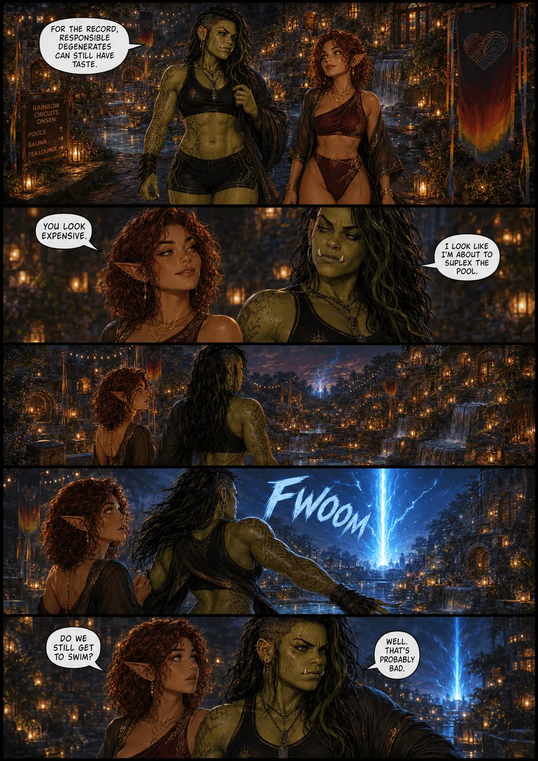 A five-panel comic: an orc and a red-haired elf stroll the lantern-lit Rainbow Circuits Onsen in their swimwear until a FWOOM of blue lightning strikes the pool — "Do we still get to swim?" "Well. That's probably bad."