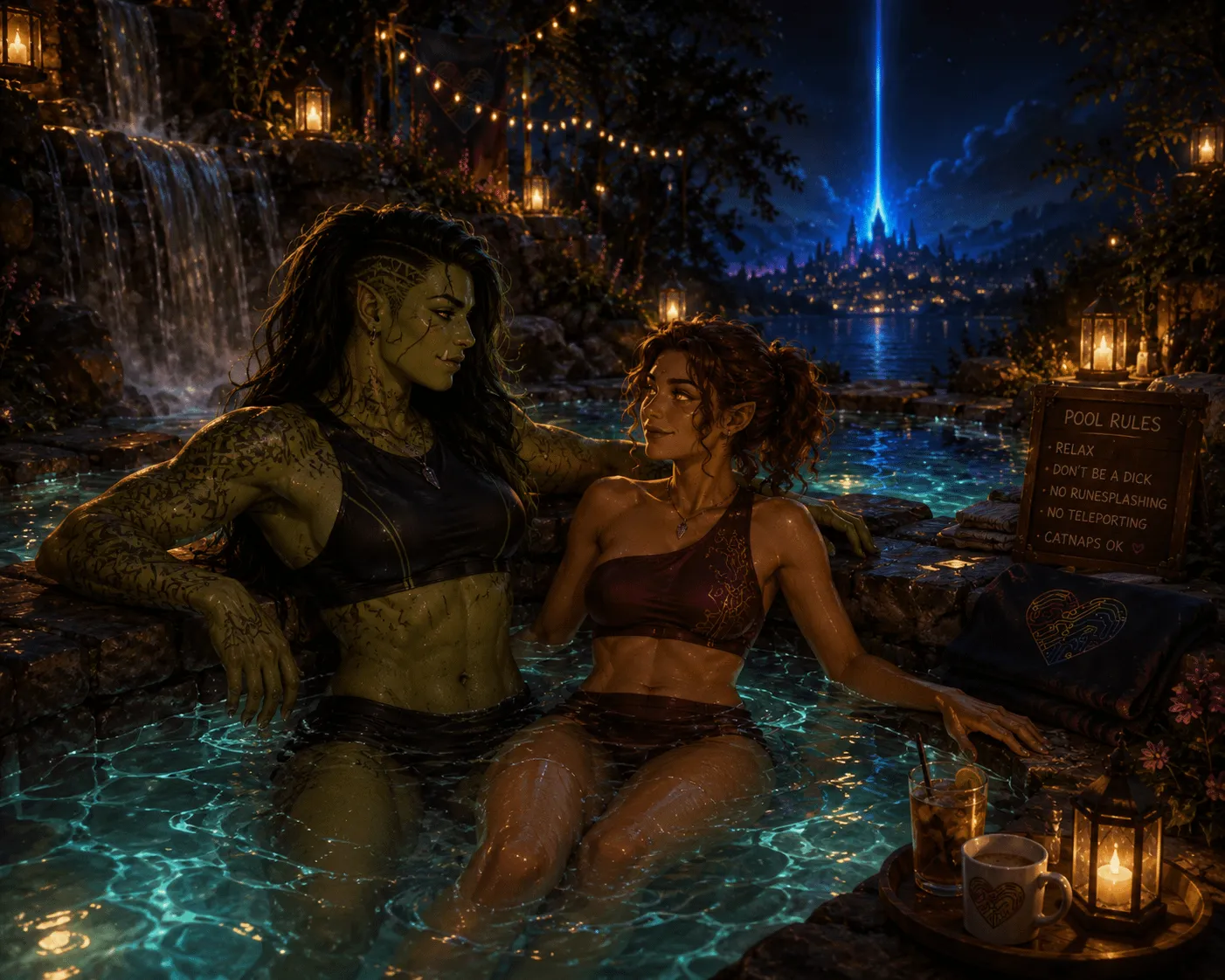 An orc and an elf soak in a glowing turquoise onsen pool at night beneath lanterns and a waterfall, drinks at the edge, a Pool Rules board nearby promising that catnaps are OK.