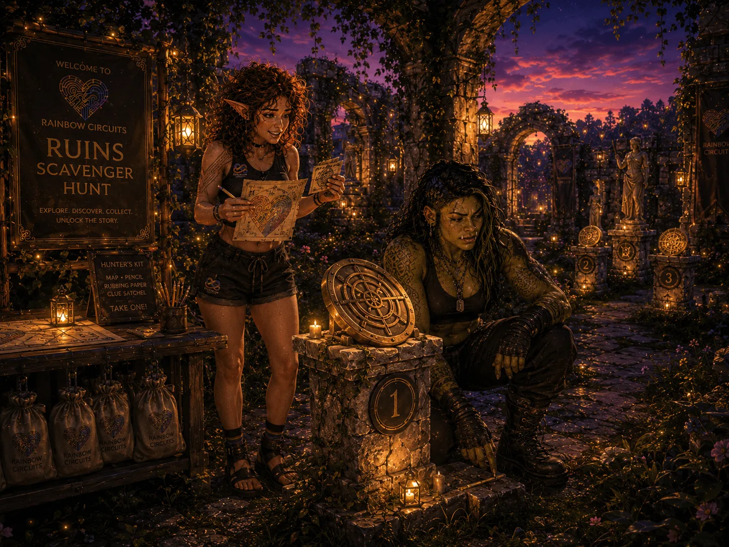 At twilight in lantern-lit ruins, an elf grins over a heart-shaped treasure map while an orc crouches to inspect a numbered stone pedestal — the Rainbow Circuits Ruins Scavenger Hunt in progress.