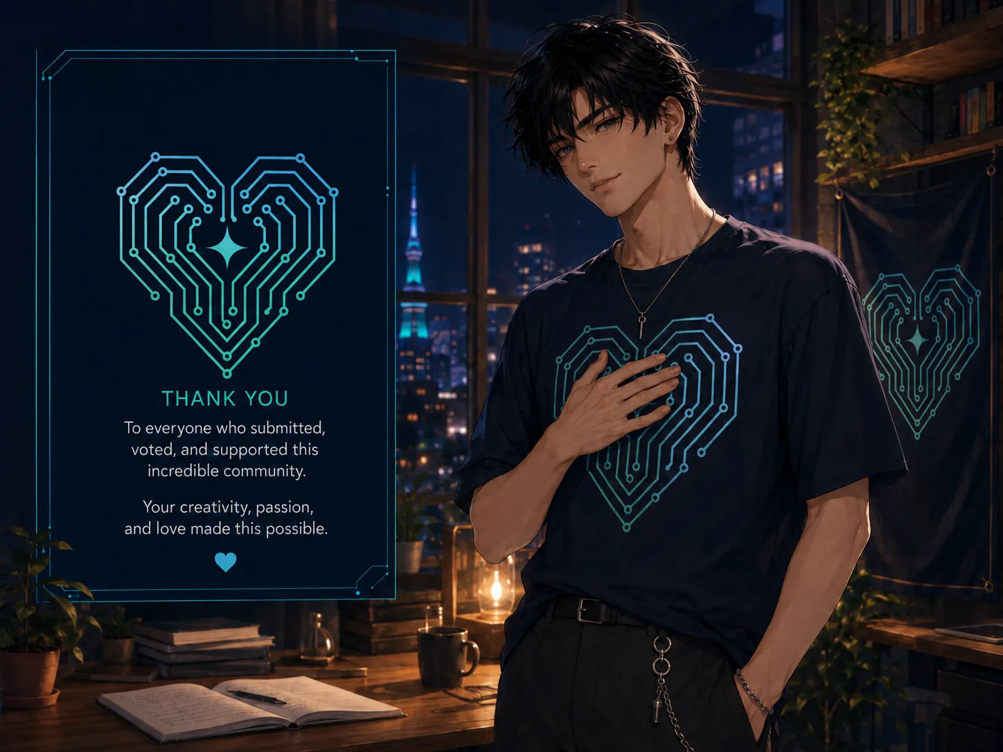 A young man in a navy tee bearing the teal circuit-heart emblem rests a hand on his chest by a night city window, beside a “Thank You” panel: “To everyone who submitted, voted, and supported this incredible community. Your creativity, passion, and love made this possible.”