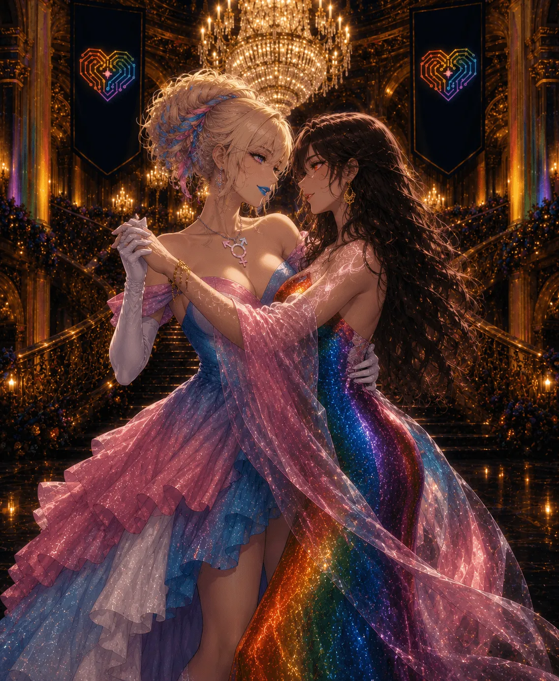 Two women share a slow dance beneath a glittering chandelier and rainbow circuit-heart banners: one in an upswept blonde updo and a ruffled pink-blue-and-white gown, the other with long dark hair in a shimmering rainbow dress, a grand staircase glowing behind them.