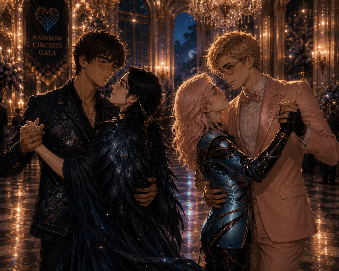 Two couples dance side by side under a “Rainbow Circuits Gala” banner and a moonlit arched window: a dark-haired man with a woman in a midnight feathered gown, and a blond man in glasses and a pink suit with a pink-haired partner in glowing blue armour, on a mirror-bright floor.