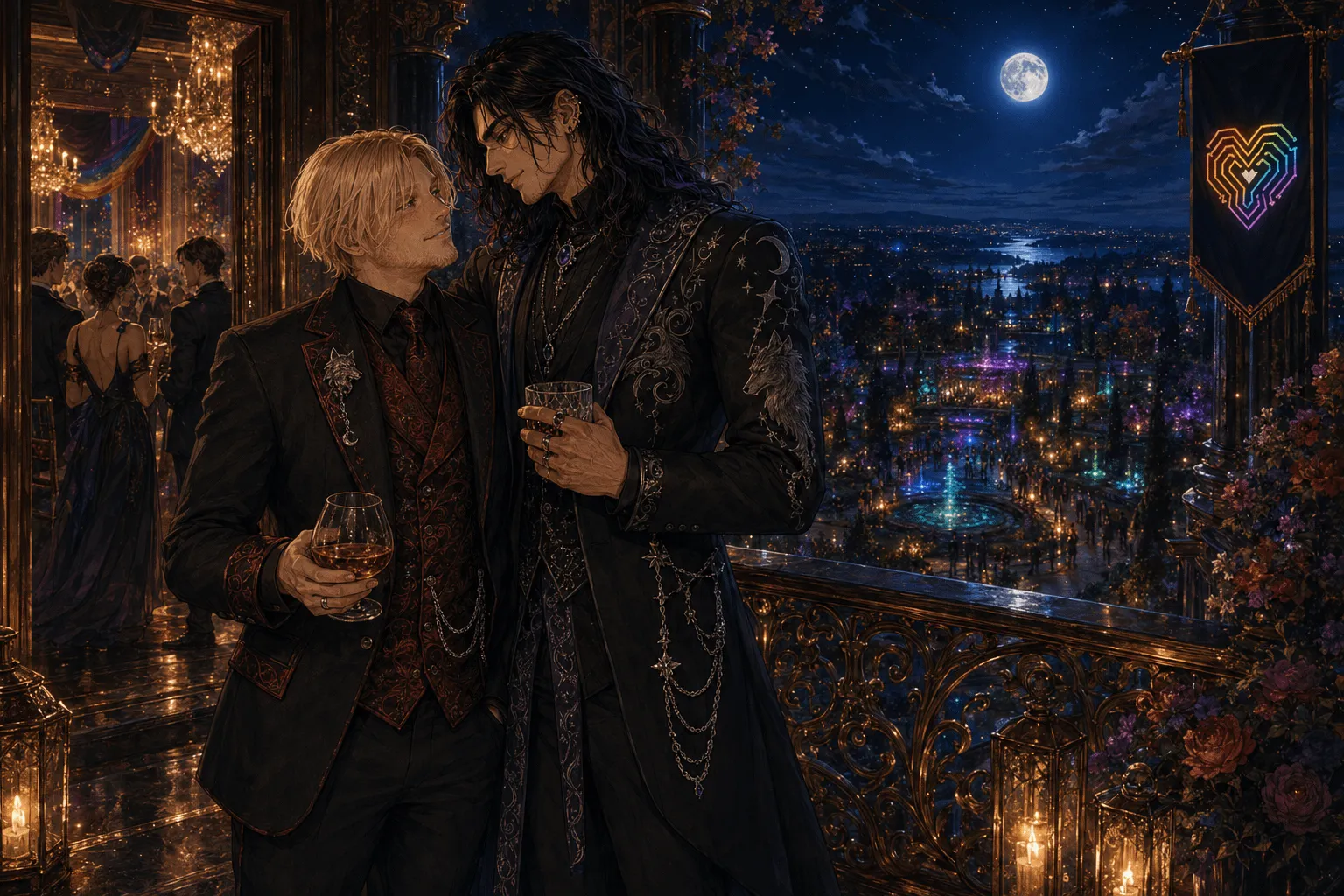 Two men stand close on a gilded balcony above the lantern-lit gala gardens, drinks in hand — one fair-haired in a dark suit with a wolf pin, the other with long dark hair in an ornate star-and-moon embroidered coat — a full moon and a rainbow circuit-heart banner behind them.