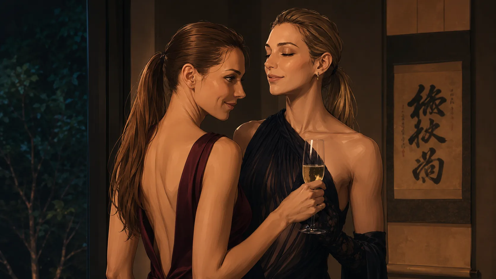An illustrated scene of two women standing close in a warm, softly lit room — one in a backless burgundy gown facing away, the other in a black gown holding a glass of champagne — a night window with foliage on one side and a hanging calligraphy scroll on the other.