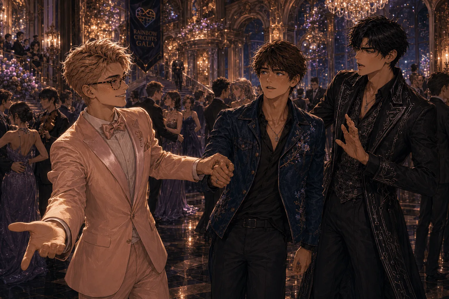 Three men mid-scene on the gala dance floor beneath a “Rainbow Circuits Gala” banner and chandeliers: a blond man in glasses and a pink suit leads by the hand, pulling along a brown-haired man in a floral-embroidered navy jacket, while a dark-haired man in an ornate black circuit-embroidered coat gestures beside them, a grand staircase and other guests behind.