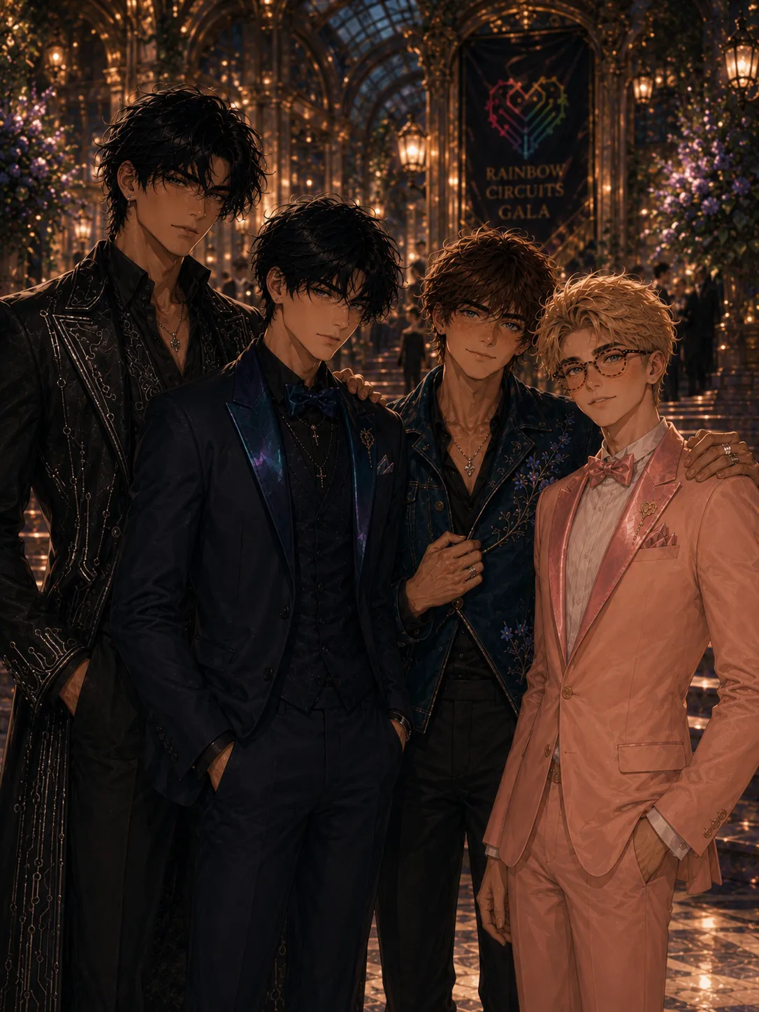 Four young men in formalwear stand arm in arm at the Rainbow Circuits Gala — one in a black embroidered coat, one in a navy tux, one in a floral jacket, one in a rose-pink suit and glasses — beneath a rainbow circuit-heart banner reading “Rainbow Circuits Gala” in an ornate, lantern-lit hall.