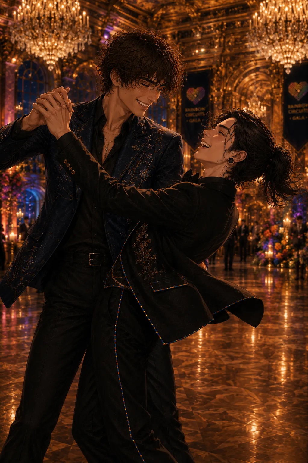A curly-haired man in a floral navy jacket dips a laughing dark-haired partner in black in a gilded, chandelier-lit ballroom hung with gala banners.