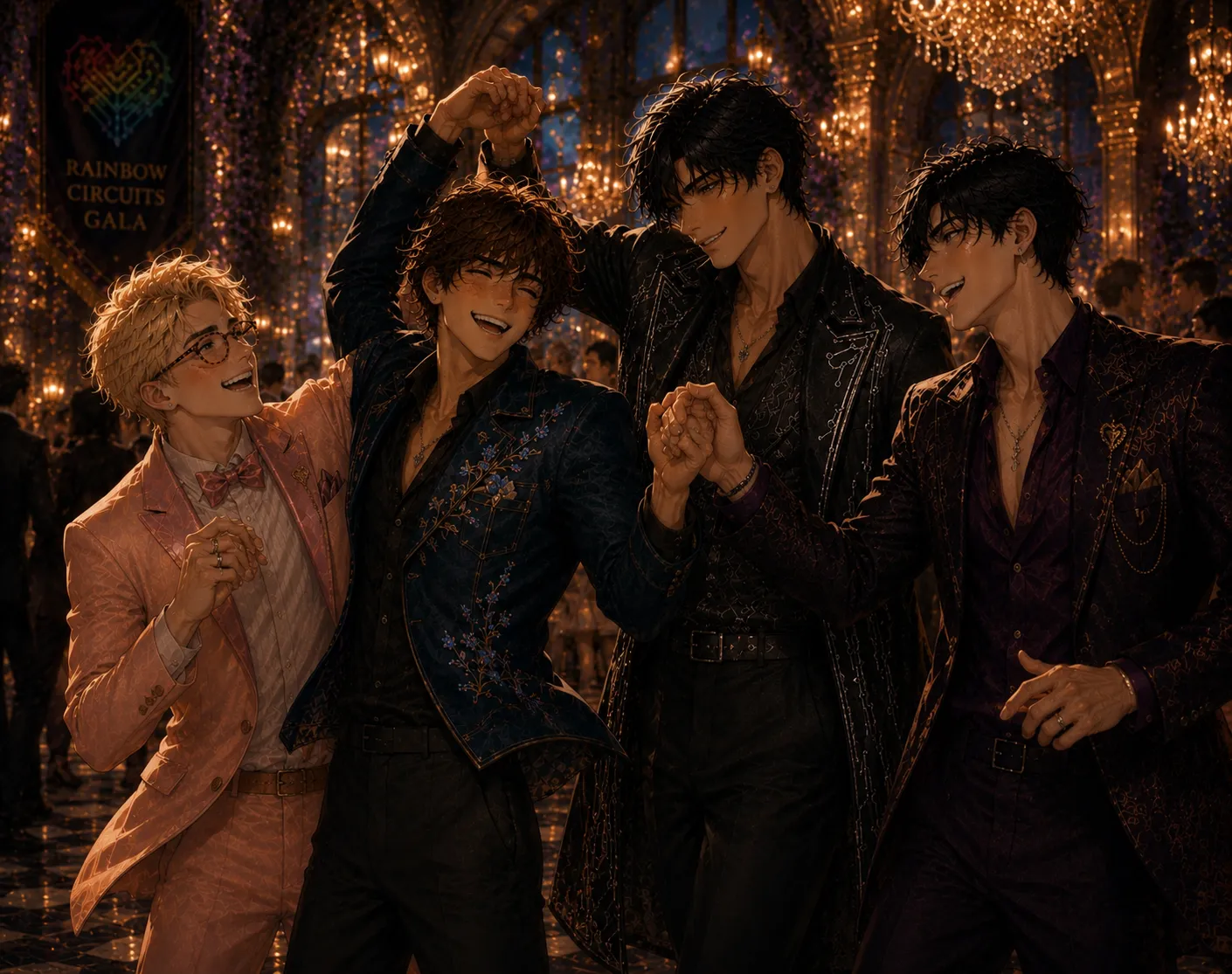 Four men in formalwear — a blond in a pink suit, a curly-haired man in a navy floral jacket, and two dark-haired men in ornate dark suits — laugh and dance together in a row beneath a “Rainbow Circuits Gala” banner.