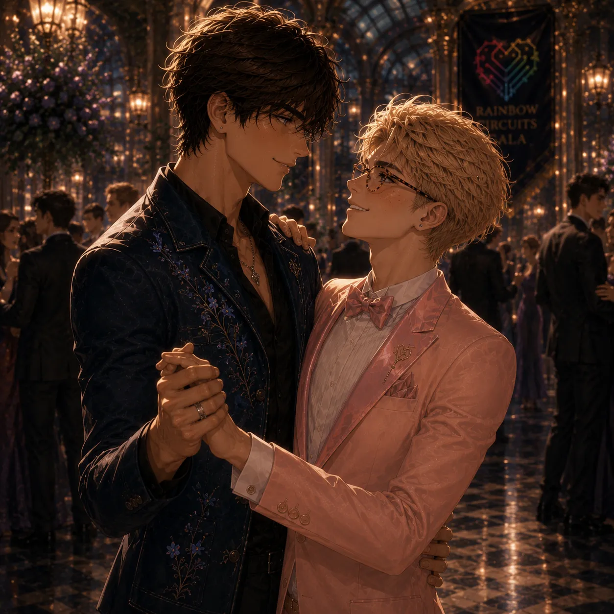 A dark-haired man in a floral-embroidered navy jacket and a blond man in glasses and a pink suit dance close together, smiling into each other's eyes, under a rainbow circuit-heart “Rainbow Circuits Gala” banner.