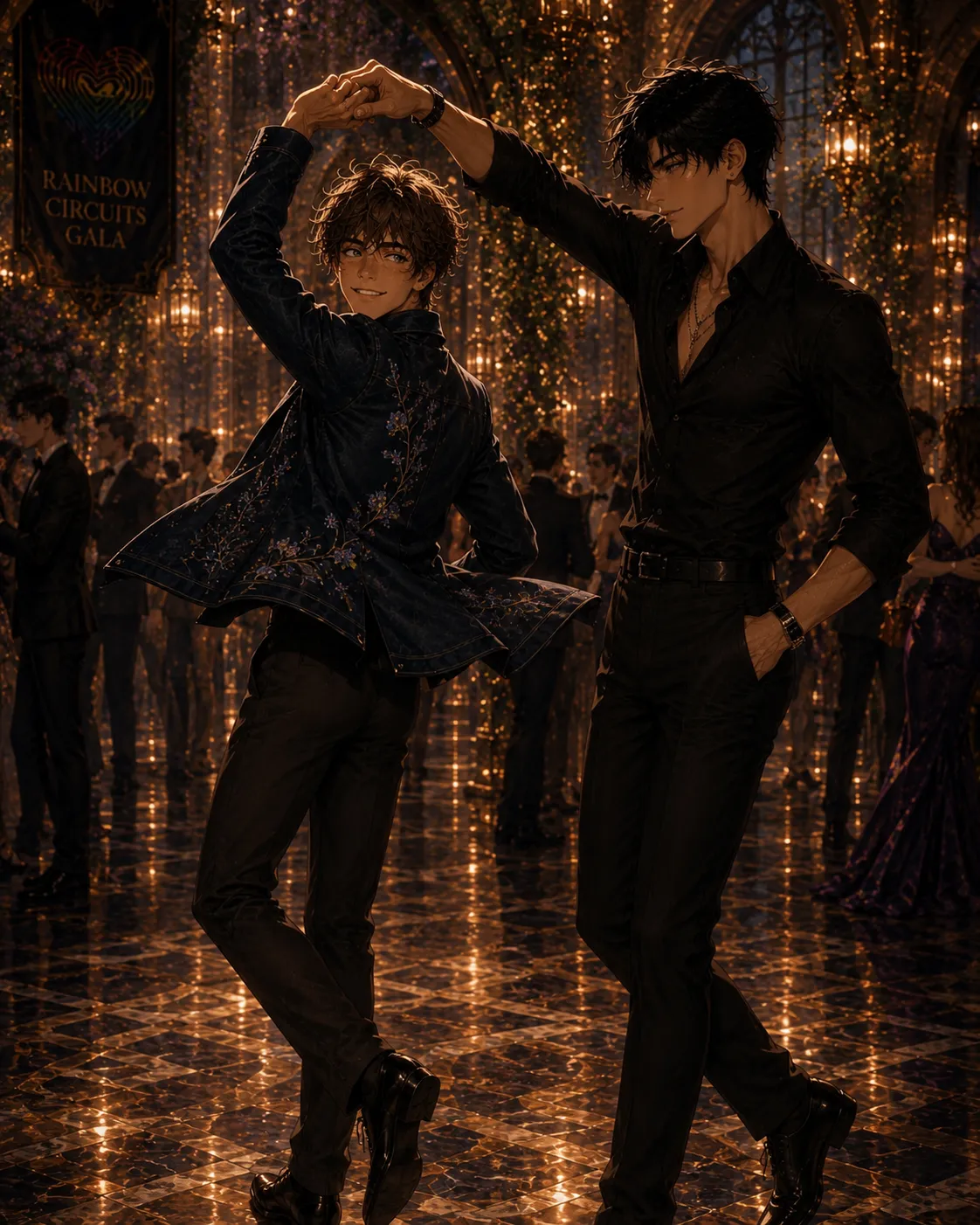 A tall dark-haired man in black spins a grinning curly-haired man in a floral navy jacket on the glittering ballroom floor, other guests dancing behind them.
