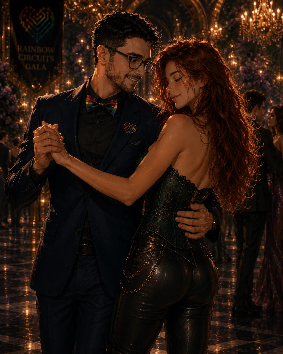 A bespectacled man in a navy suit with a rainbow bow tie and rainbow circuit-heart pin dances closely with a red-haired woman in a dark green corset and chained leather trousers.