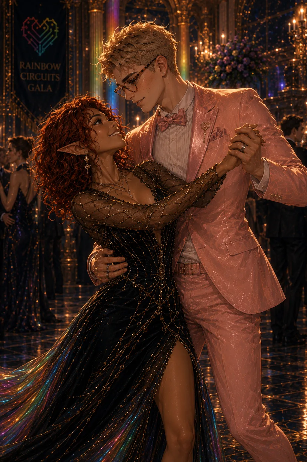 A blond man in glasses and a pink suit dances with a red-haired elf woman in a black beaded gown that trails into a rainbow-coloured train.
