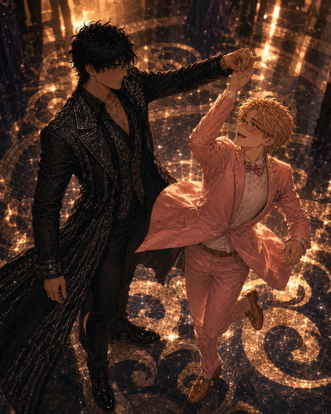 An overhead view of a dark-haired man in an ornate black coat spinning a laughing blond man in a pink suit across a glittering, swirl-patterned marble floor.