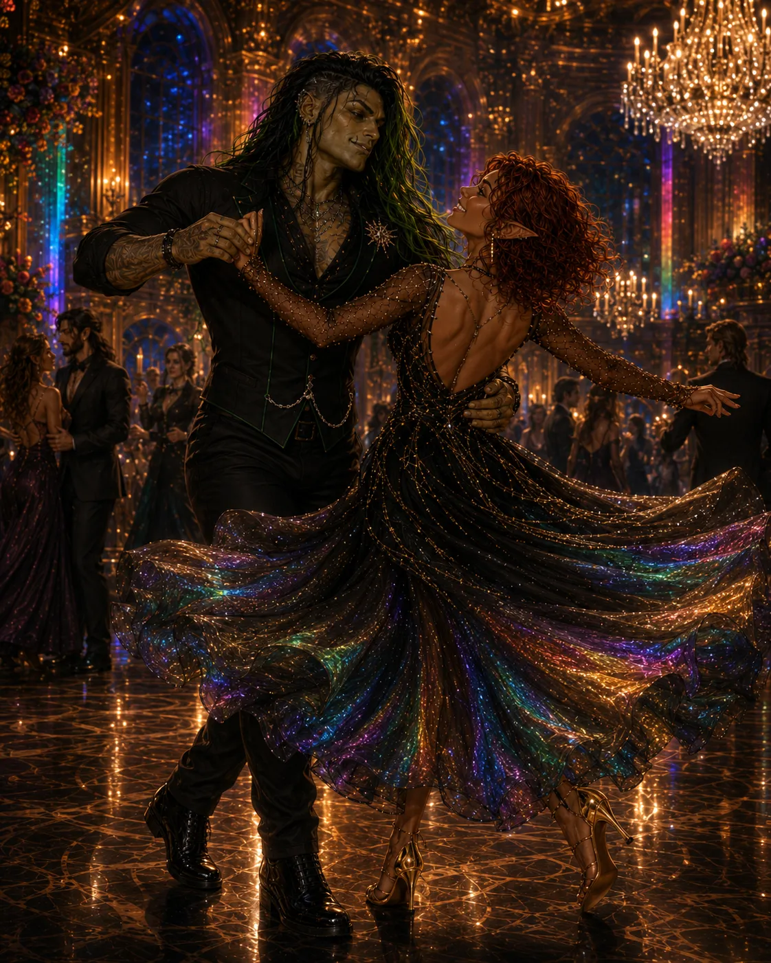 A green-haired man in black and a red-haired elf woman in a black gown threaded with rainbow light sweep through a dramatic spin on a chandelier-lit dance floor.