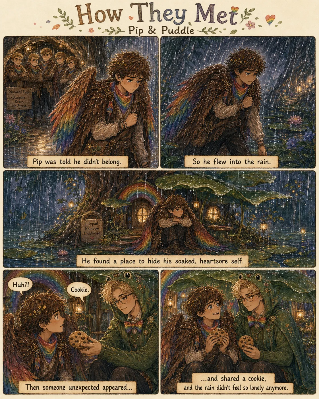 A watercolour comic titled “How They Met — Pip & Puddle”: Pip the sparrow is told he doesn't belong, flies into the rain, and shelters by a lilypad clubhouse — until Puddle the frog appears and shares a cookie, and the rain doesn't feel so lonely anymore.