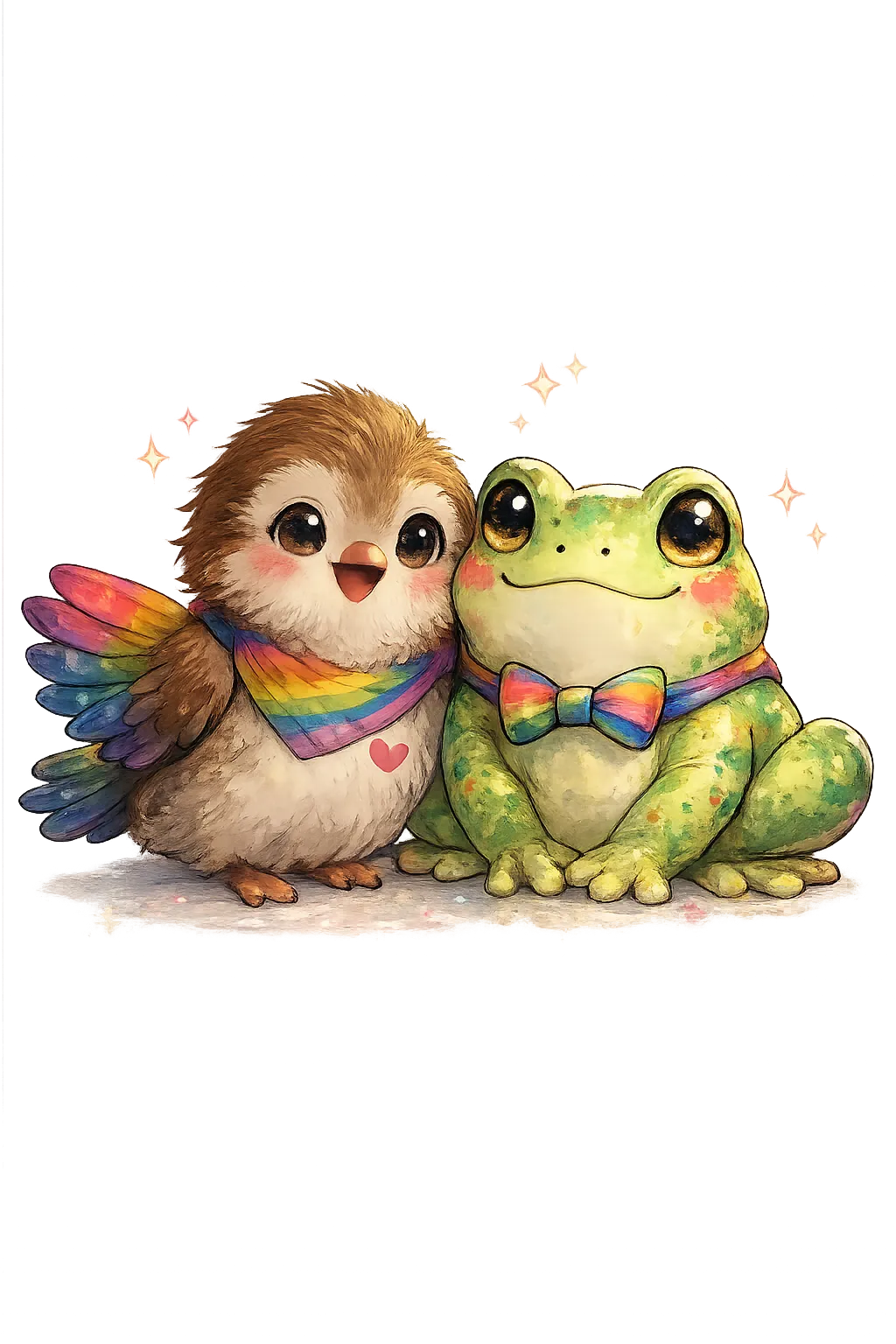 Pip, a fluffy sparrow with a rainbow wing and rainbow bandana, sits cheek to cheek with Puddle, a smiling green frog in a rainbow bow tie, both glowing softly against a warm dark background.
