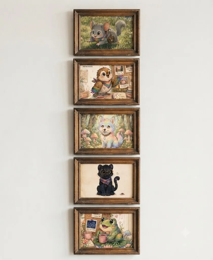 The answer key: five framed portraits of the Pond Pals to find — Penelope the chinchilla, Pip the rainbow-winged sparrow, a rainbow wolf, Pounce the bespectacled panther, and Puddle the frog with a mug.