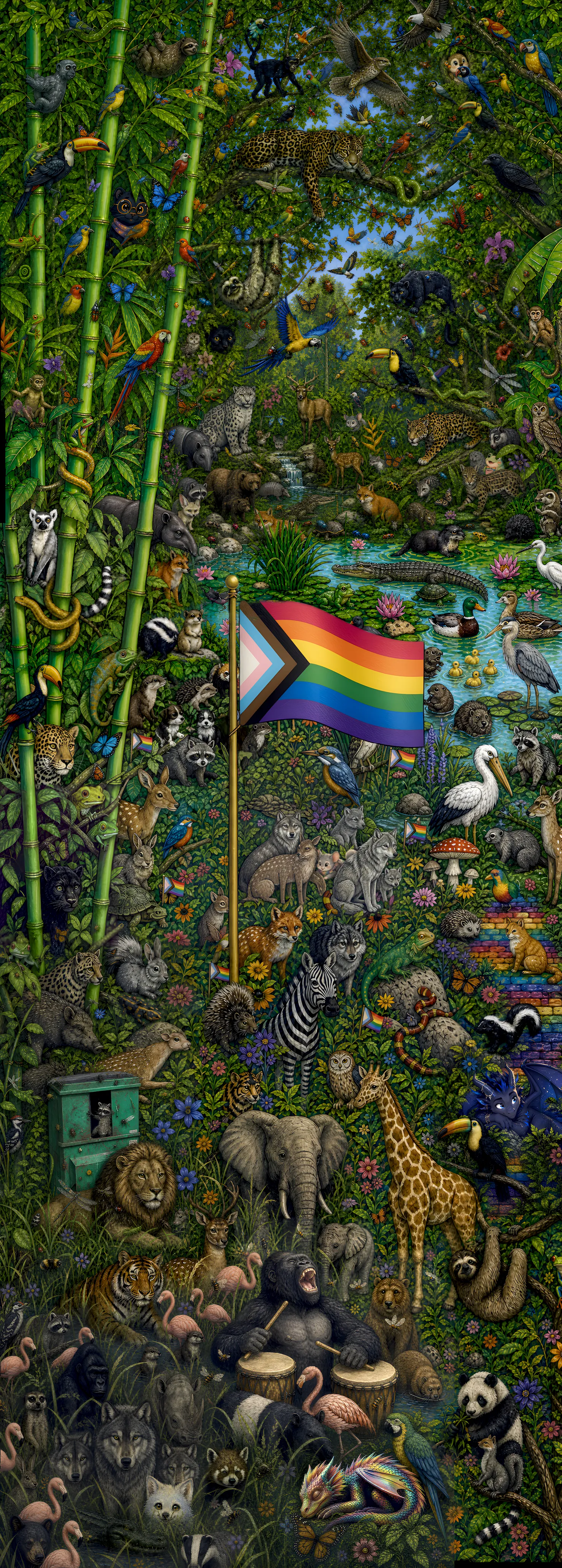 A tall, densely detailed jungle-and-pond scene bursting with animals gathered around a Progress Pride flag, with the five Pond Pals hidden among them.