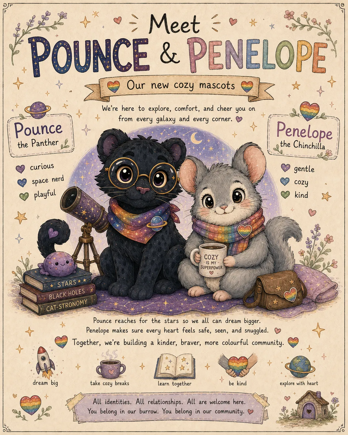 Illustration introducing two new Rainbow Circuits mascots: Pounce, a curious purple panther cub, and Penelope, a soft grey chinchilla, side by side.