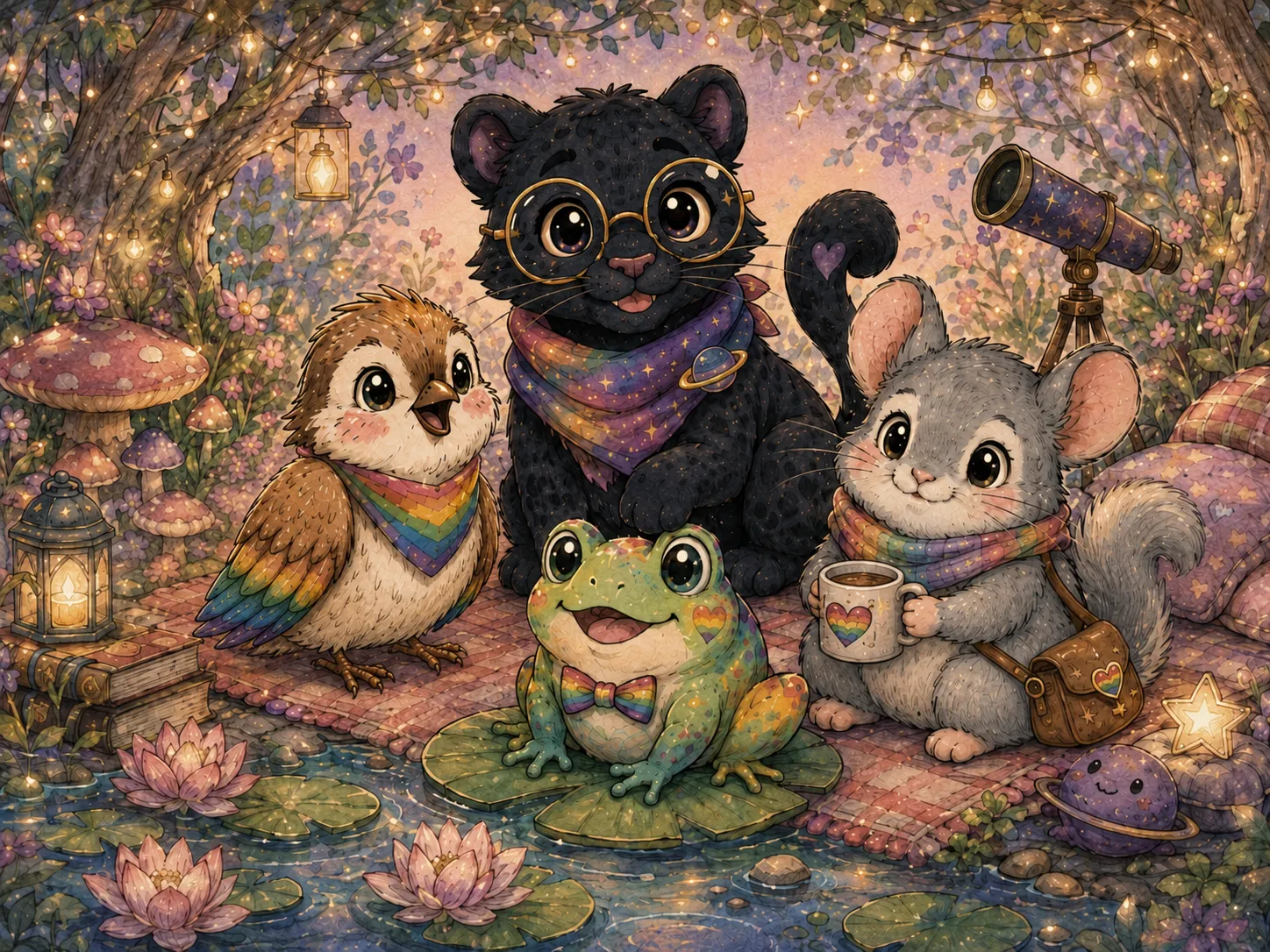 A cosy watercolour portrait of all four Rainbow Circuits mascots in a lantern-lit garden by a lilypad pond: Pip the sparrow in a rainbow bandana, Pounce the black panther in round glasses and a starry galaxy bandana with a telescope behind him, Puddle the frog in a rainbow bow tie on a lilypad, and Penelope the chinchilla in a rainbow scarf and satchel holding a mug of cocoa.