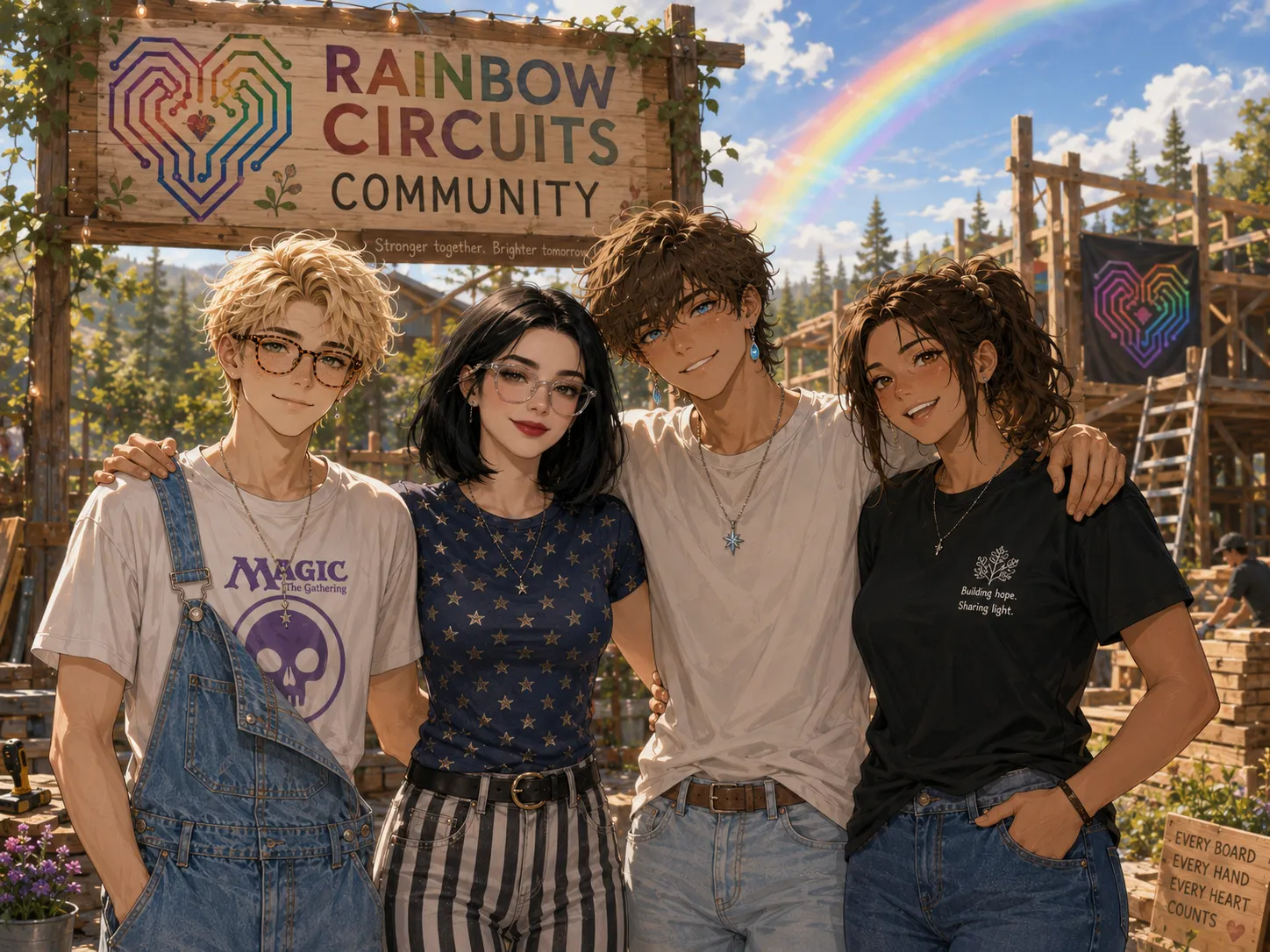 An illustration of the four Rainbow Circuits mods standing arm in arm and smiling beneath a wooden “Rainbow Circuits Community” sign with a rainbow circuit-heart logo, a rainbow arcing across the sky behind them.