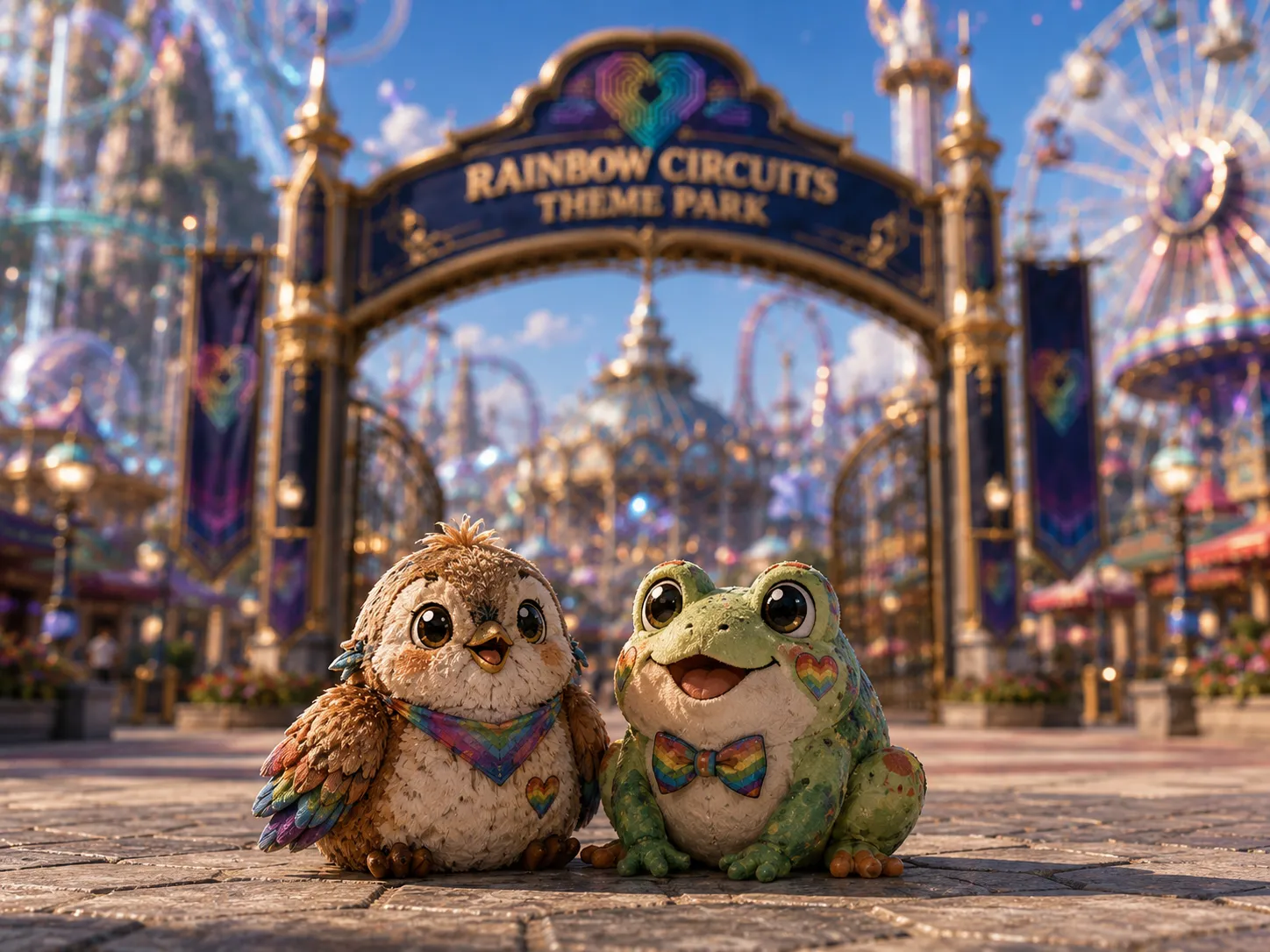 Pip the sparrow and Puddle the frog sit together in front of a golden archway reading “Rainbow Circuits Theme Park,” with ferris wheels and roller-coasters glittering behind them.