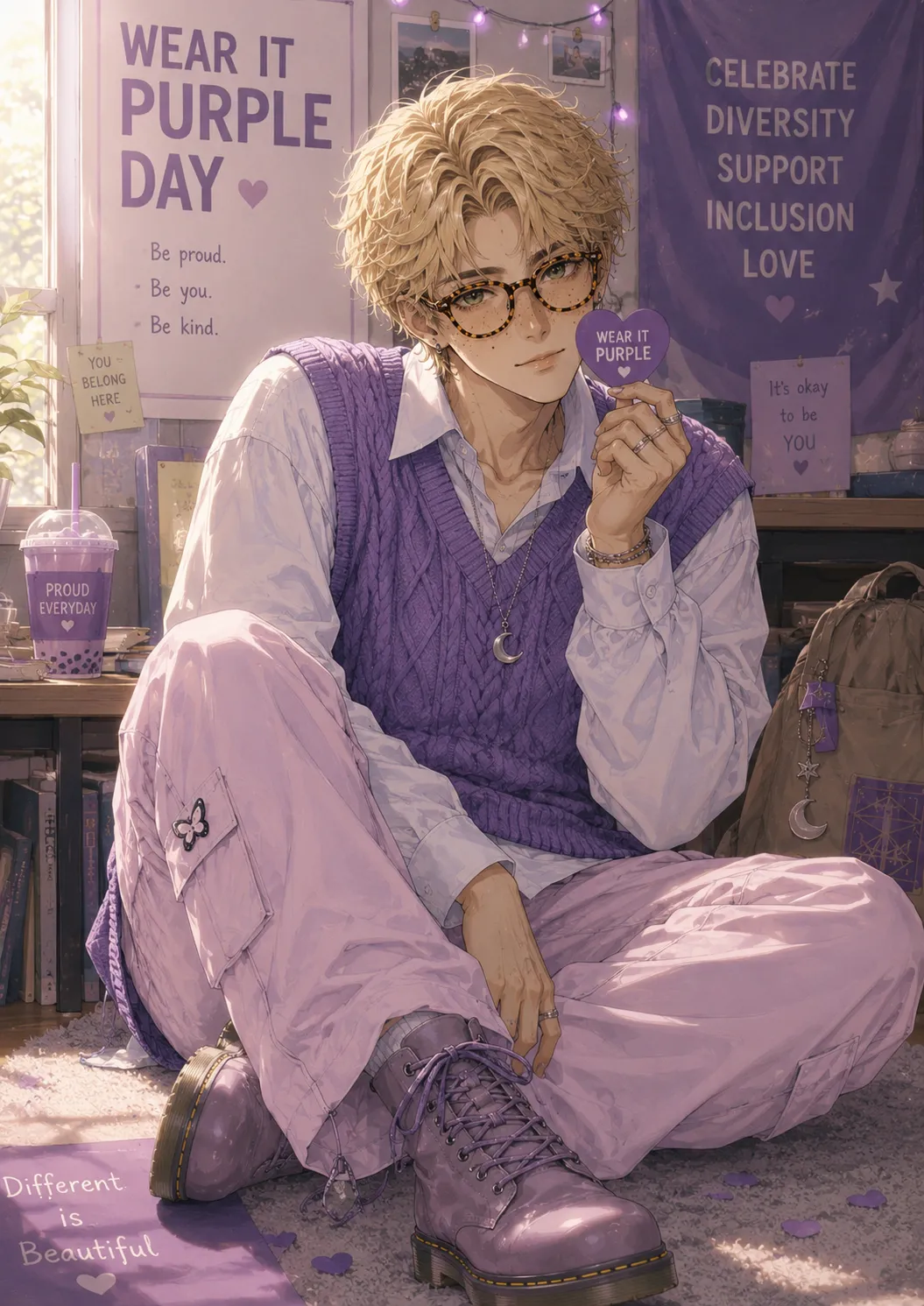 A cosy illustration for Wear It Purple Day: a blond young man in glasses, a purple cable-knit vest, white shirt, lavender trousers and purple boots sits cross-legged holding a small purple “Wear It Purple” heart, surrounded by purple posters reading “Be proud. Be you. Be kind.”, “Celebrate diversity, support inclusion, love”, “You belong here” and “Different is beautiful”, with a purple boba drink beside him.