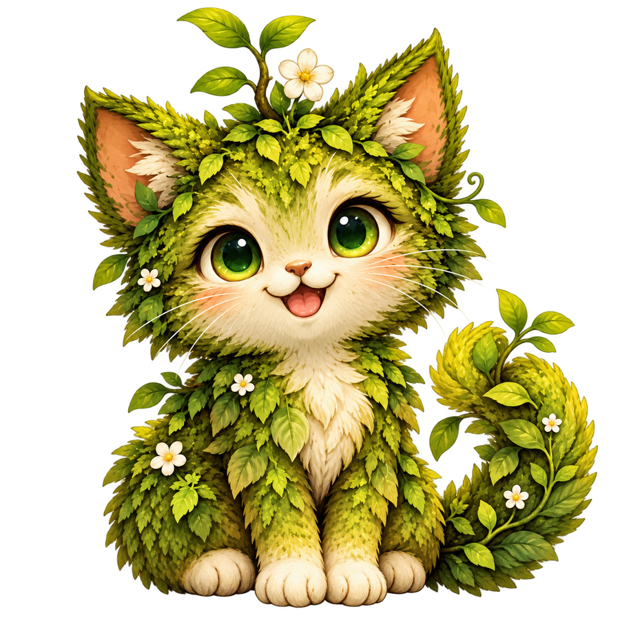 Moss, a smiling leafy cat-like creature